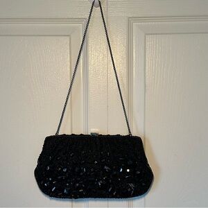 SANTI Black Beaded Evening Clutch Chain Strap Formal Bag